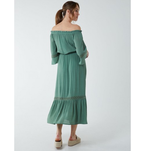 Off Shoulder Elasticated Lace Insert Midi Dress Off Shoulder Elasticated Lace Insert Midi Dress