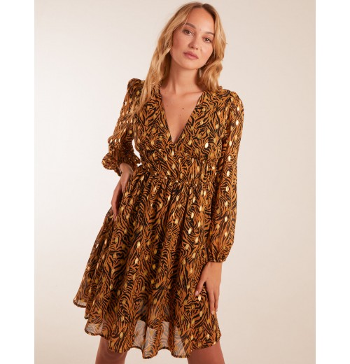 Shirred Waist Leopard Foil Wrap Front Mini Dress Shirred Waist Leopard Foil Wrap Front Mini Dress