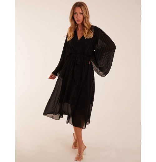 Wrap Front Pleated Sleeve Midi Dress Wrap Front Pleated Sleeve Midi Dress
